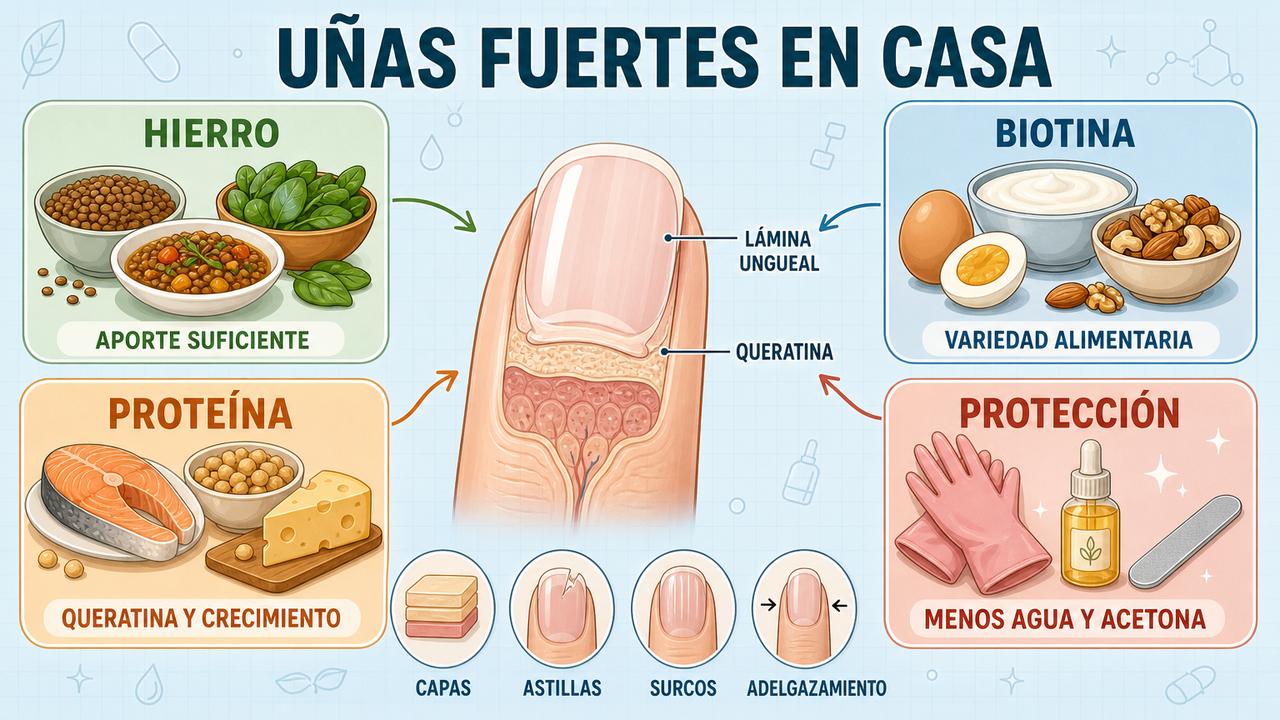 Hierro, biotina, proteína y protección local sostienen unas uñas más resistentes.