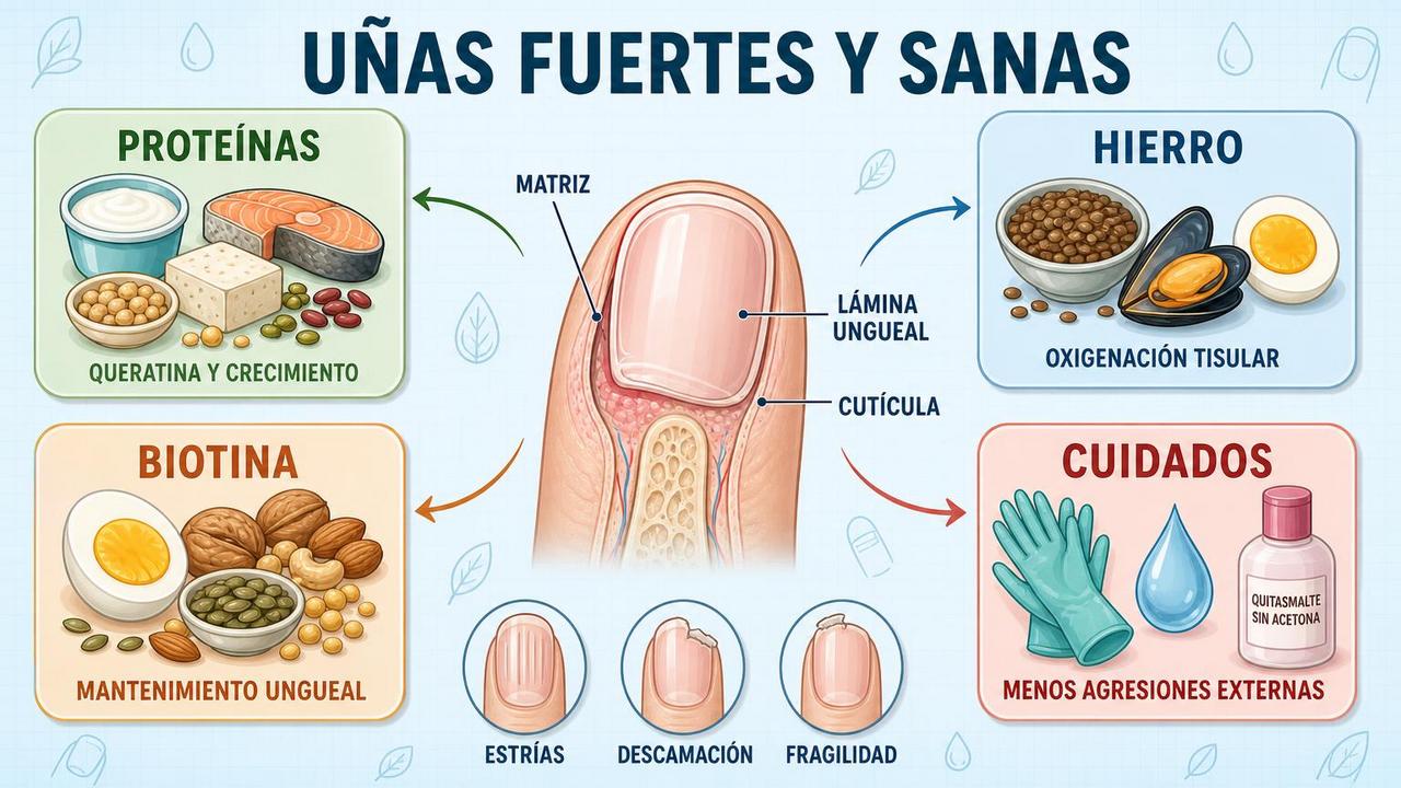 Proteínas, hierro, biotina y cuidados externos sostienen unas uñas más resistentes.