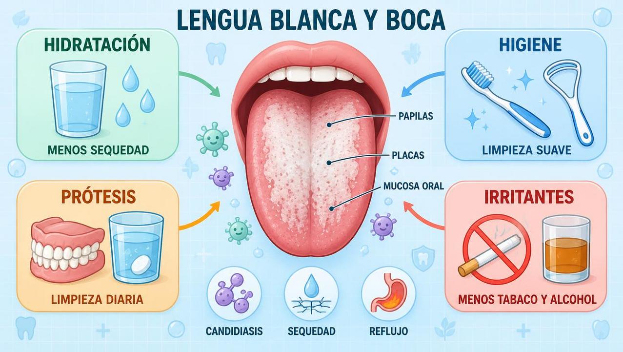 Hidratación, higiene, prótesis e irritantes influyen en la lengua blanca.