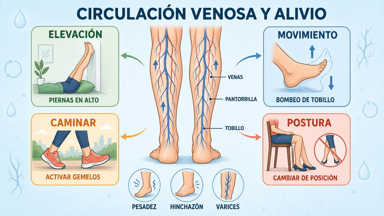 Elevación, movimiento, caminar y cambios posturales apoyan el retorno venoso.