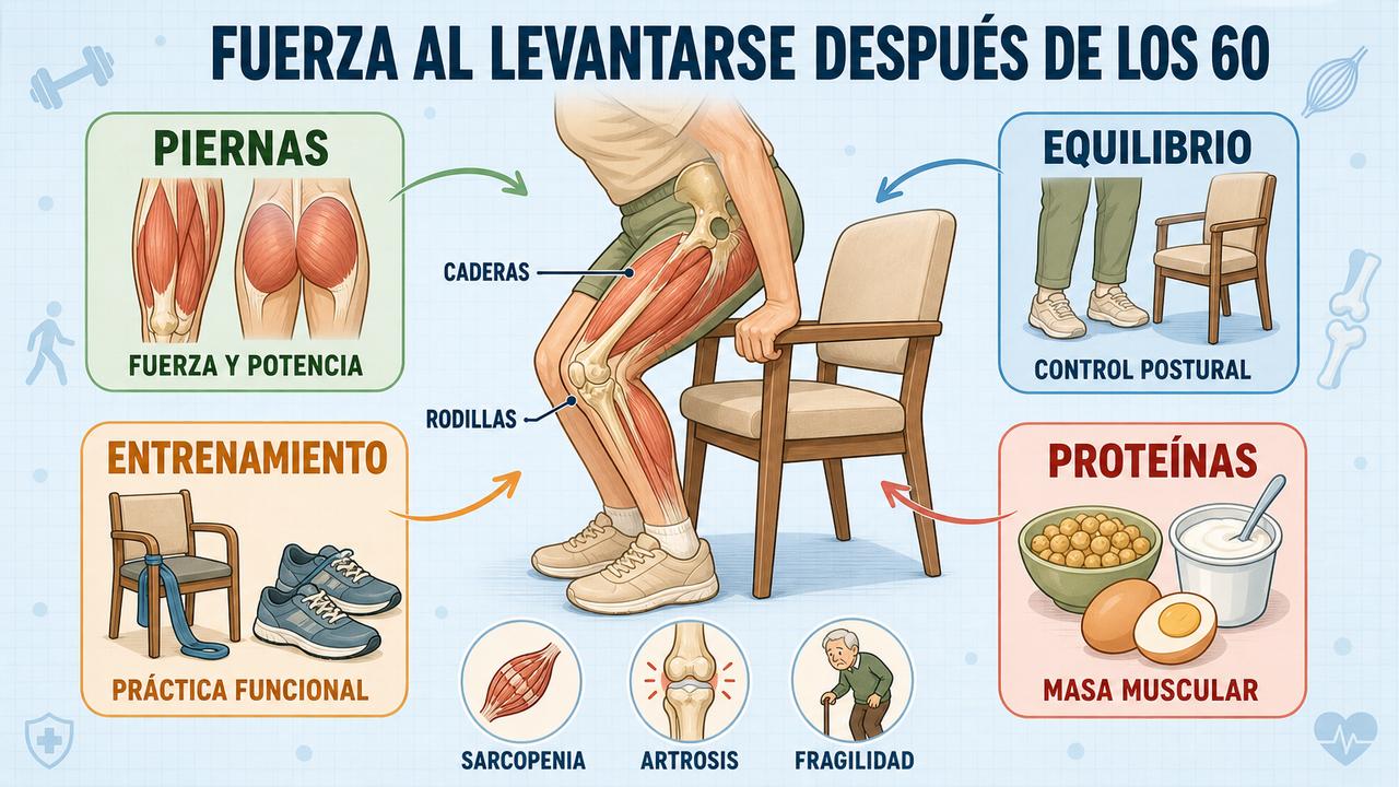Piernas, equilibrio, entrenamiento y proteínas sostienen la movilidad y la fuerza funcional.