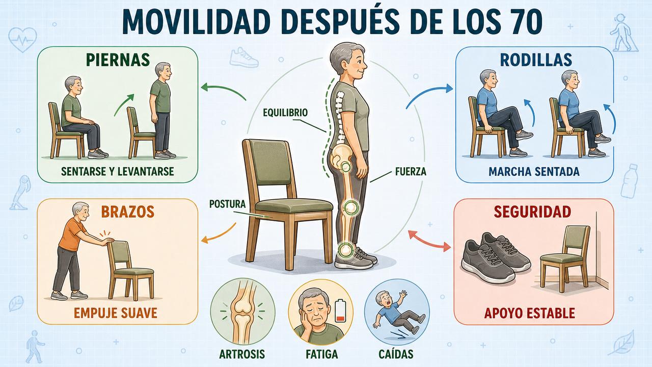 Piernas, rodillas, brazos y seguridad sostienen una rutina con silla eficaz.