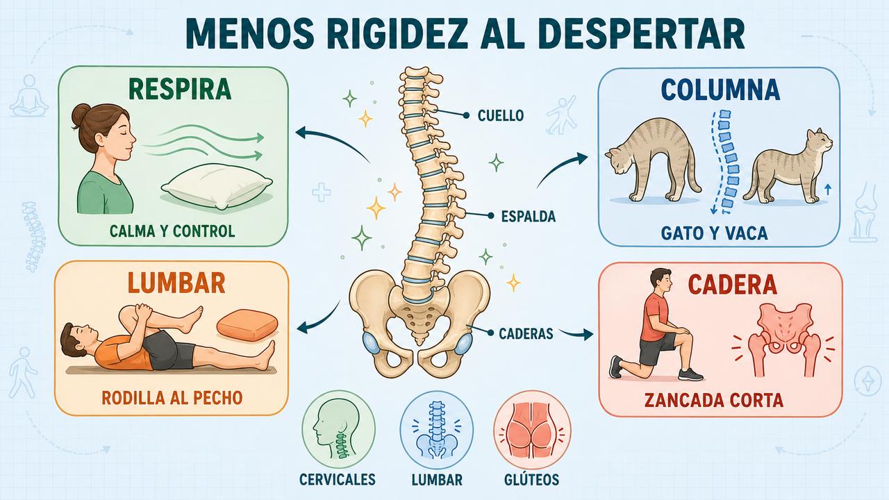Respiración, columna, lumbar y cadera forman la rutina básica matinal.