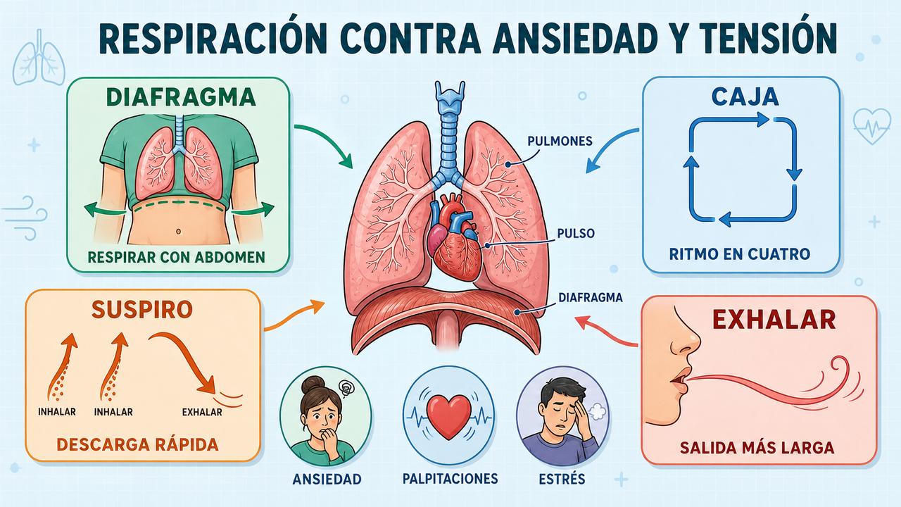Diafragma, caja, suspiro y exhalación larga como apoyos frente al estrés.