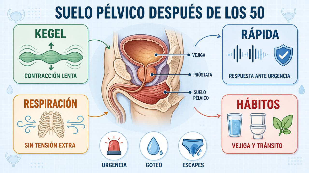 Kegel, respiración y hábitos vesicales sostienen la salud del suelo pélvico.