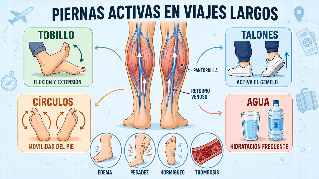Ejercicios de tobillo, talones, círculos e hidratación para prevenir estasis venosa.