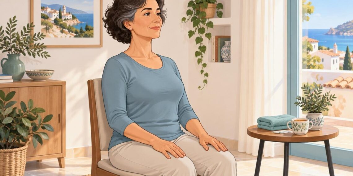 Ejercicio suave de retracción cervical para aliviar tensión y ganar movilidad.