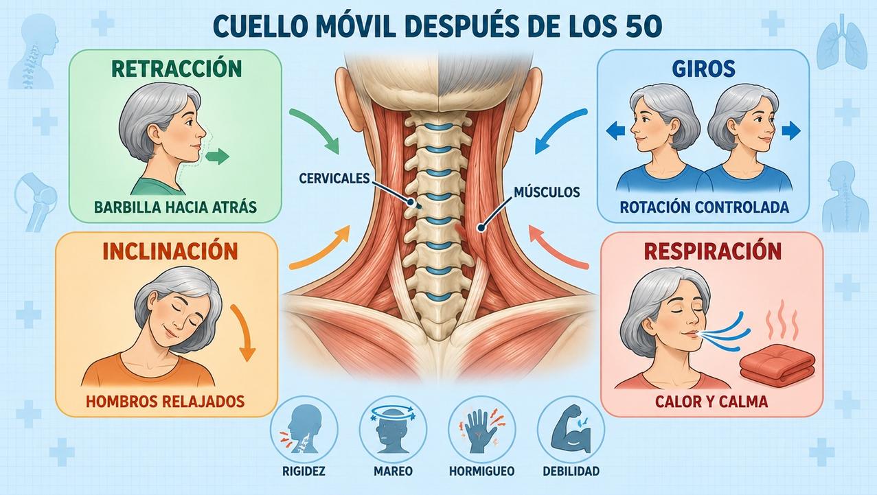 Cuatro pilares para mejorar cervicales, movilidad, control, relajación y señales de alerta.