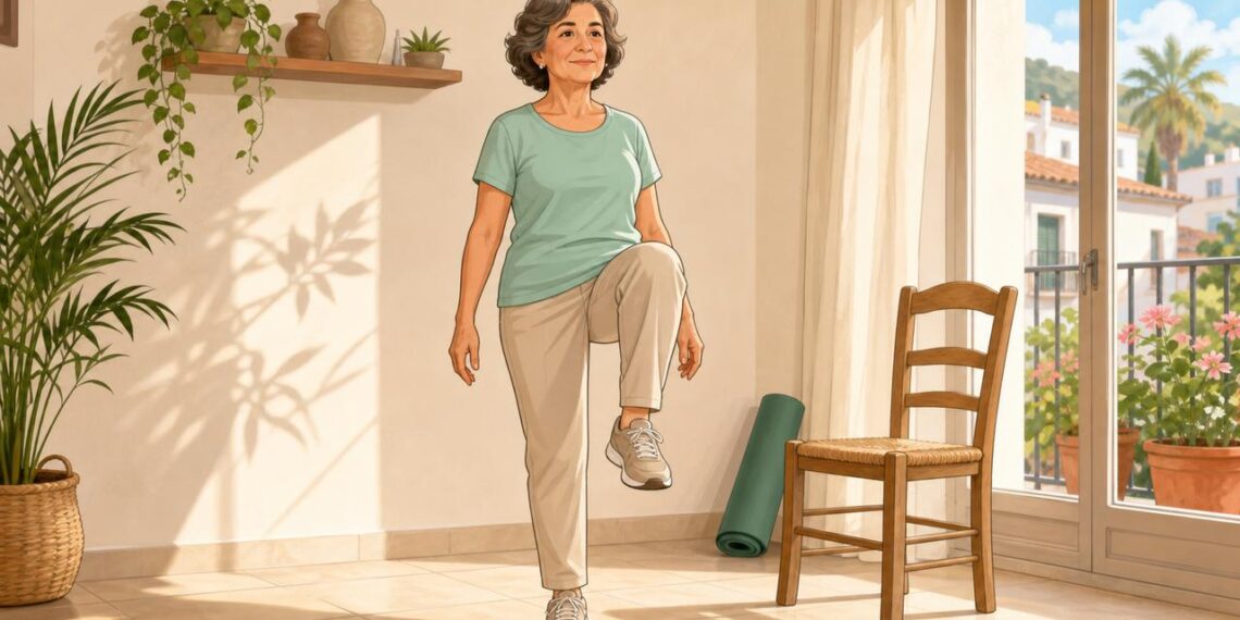 Ejercicio de pie para activar el abdomen con seguridad después de los 60.
