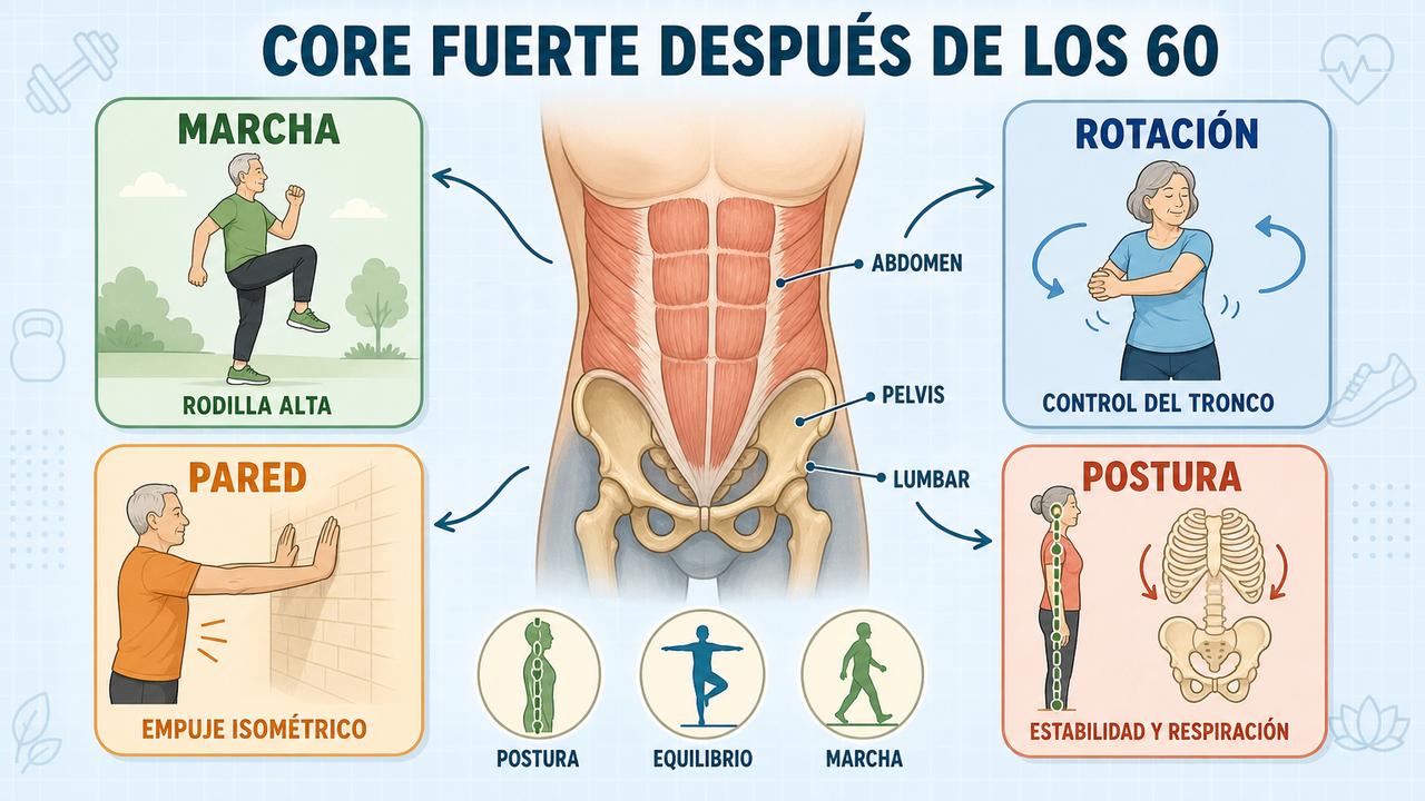 Marcha, rotación, pared y postura para fortalecer el core funcional.
