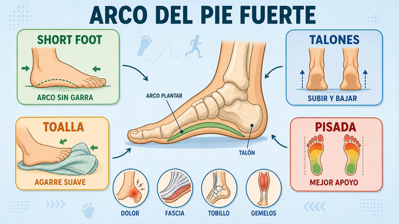 Short foot, talones, toalla y pisada resumen el trabajo del arco plantar.