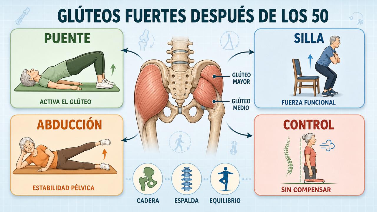 Puente, silla, abducción y control postural para proteger cadera y espalda.