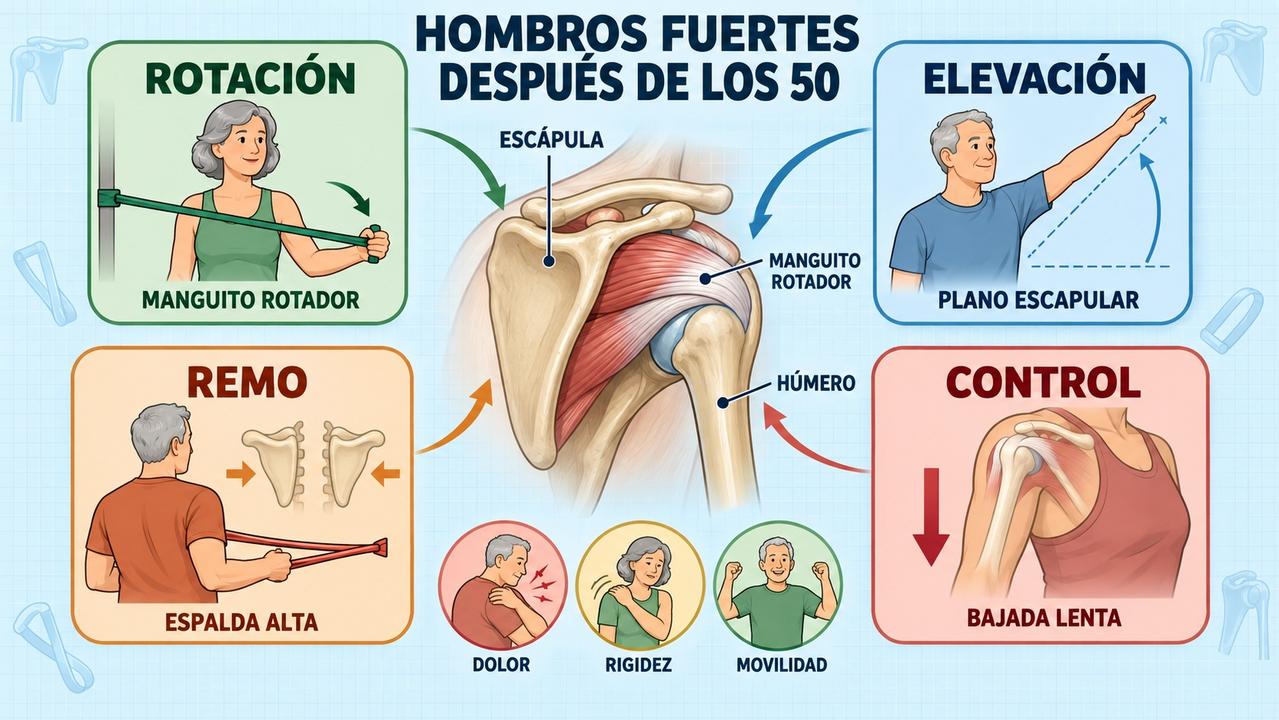 Rotación, elevación, remo y control de bajada para hombros más estables.