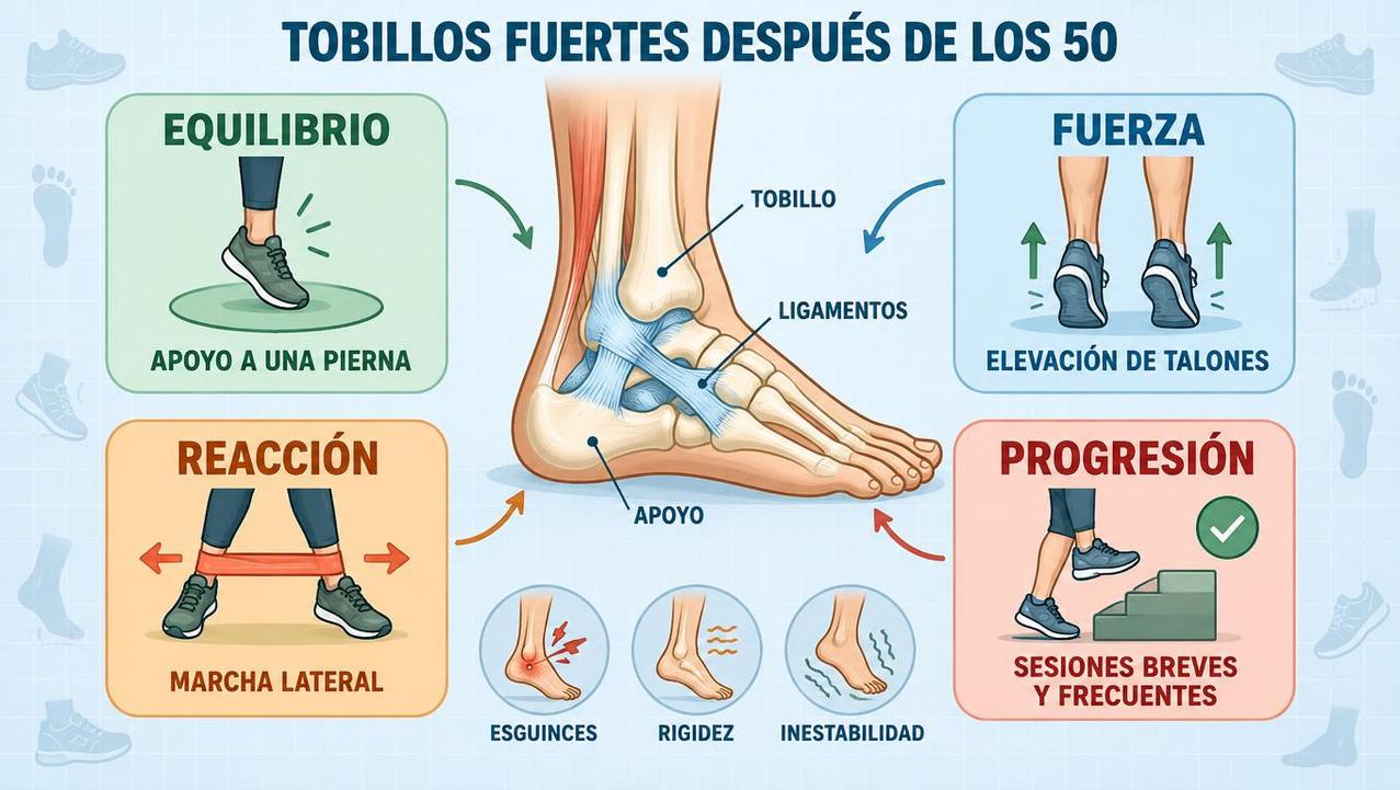Equilibrio, fuerza, reacción y progresión para prevenir esguinces de tobillo.