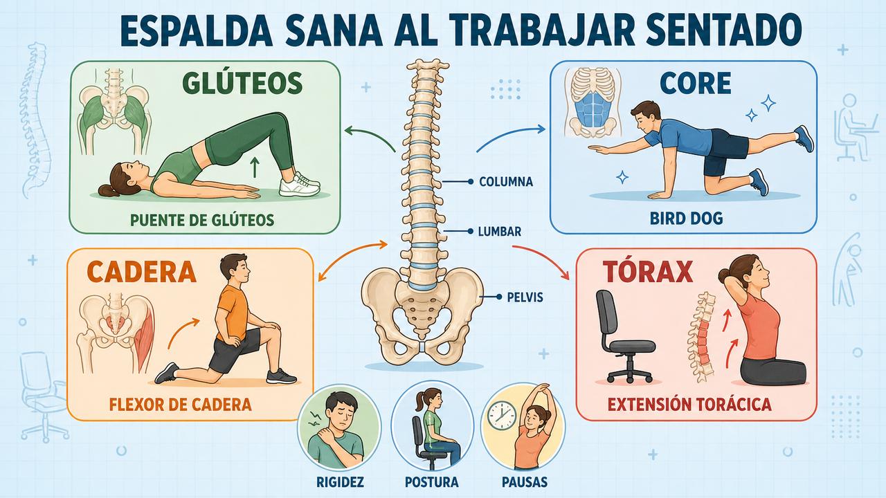 Puente, bird dog, cadera y tórax forman cuatro apoyos para la espalda.