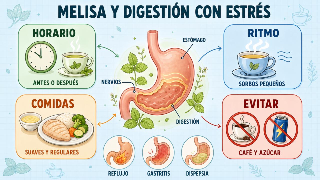 Horario, sorbos lentos, comidas suaves y evitar estimulantes apoyan la digestión.