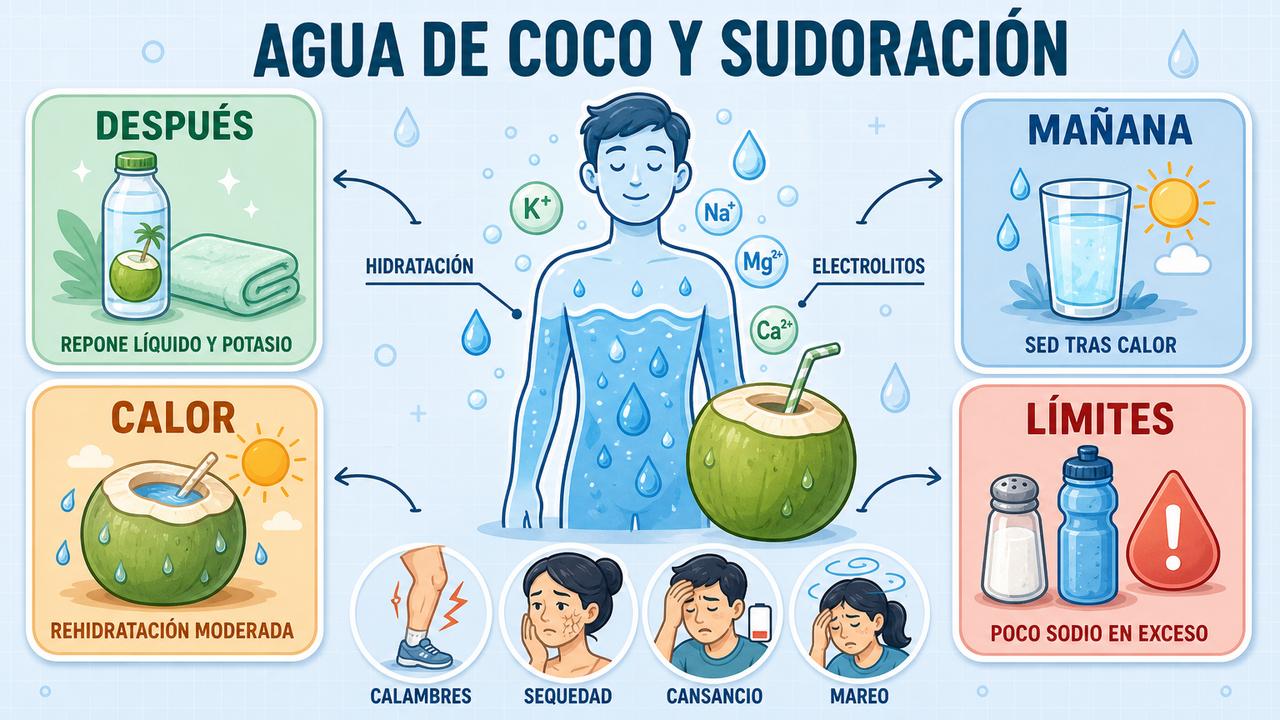 Momentos clave, beneficios y límites del agua de coco para rehidratarse.
