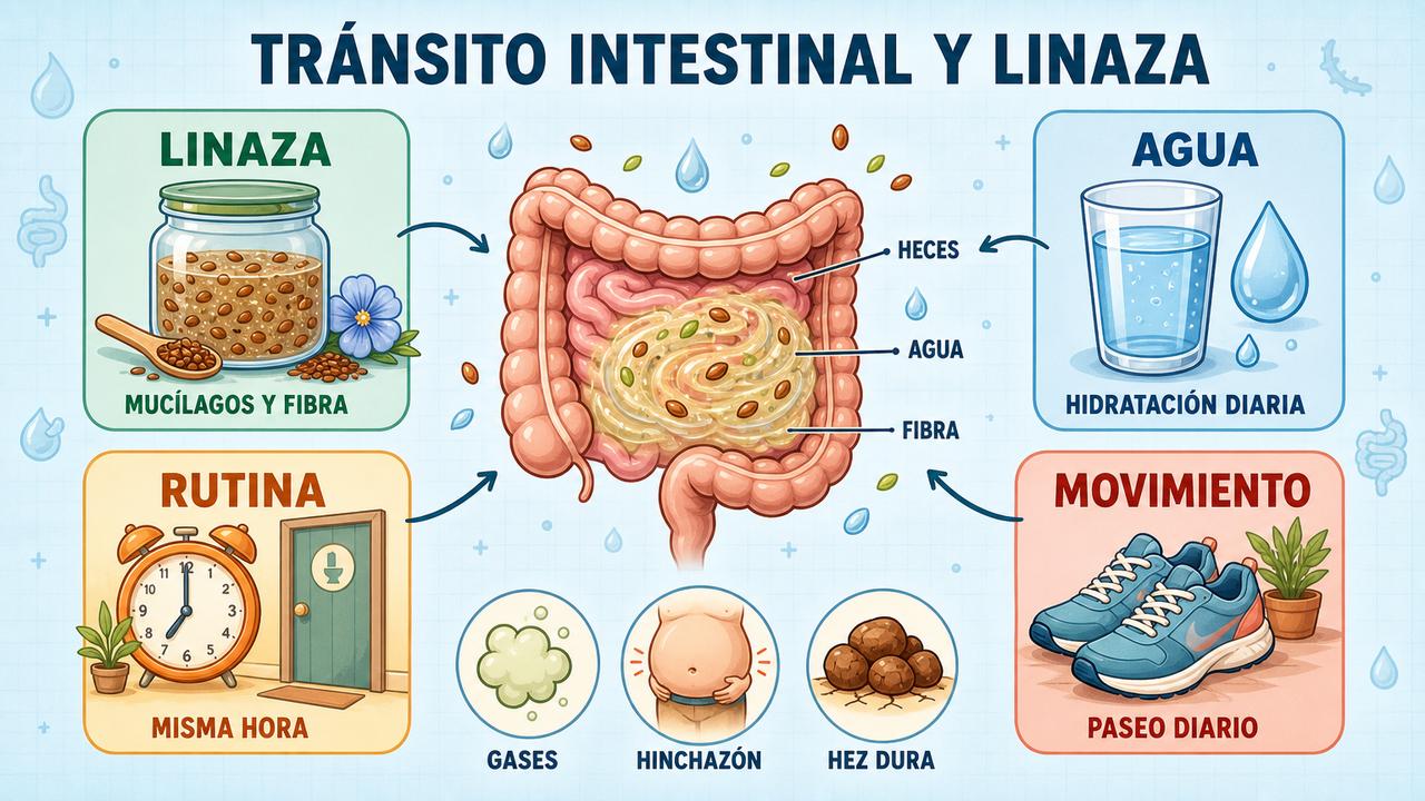 Linaza, agua, rutina y movimiento ayudan a mejorar el estreñimiento.