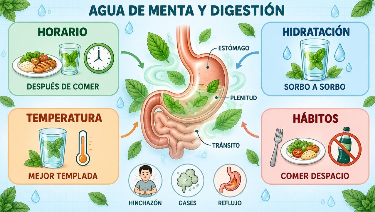 Horario, hidratación, temperatura y hábitos clave para tolerar mejor el agua de menta.