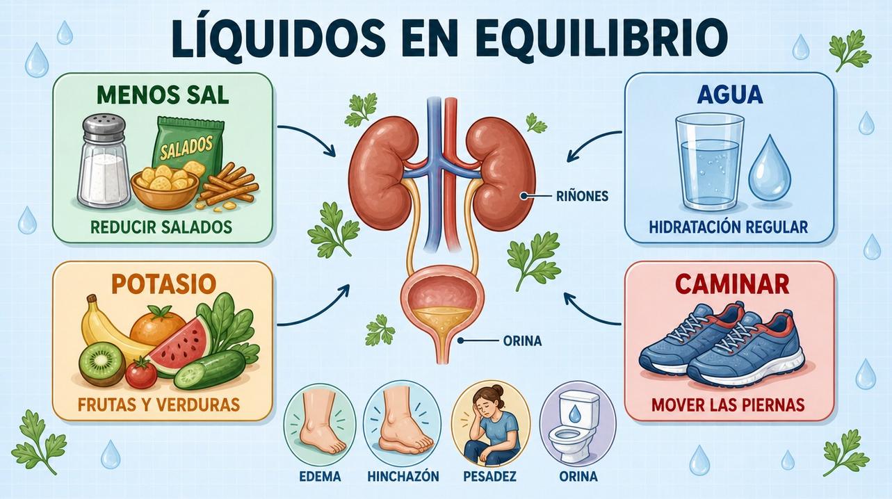 Menos sal, hidratación, potasio y caminar ayudan al equilibrio de líquidos.