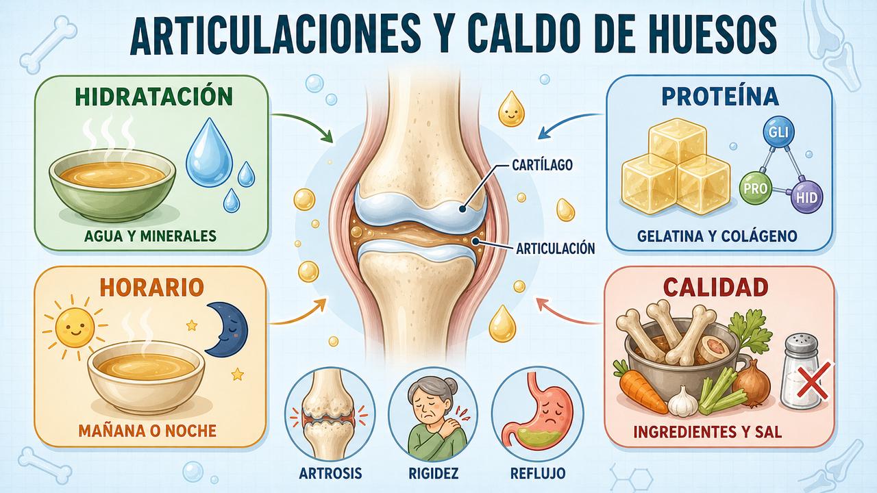 Hidratación, proteína, horario y calidad del caldo para cuidar las articulaciones.
