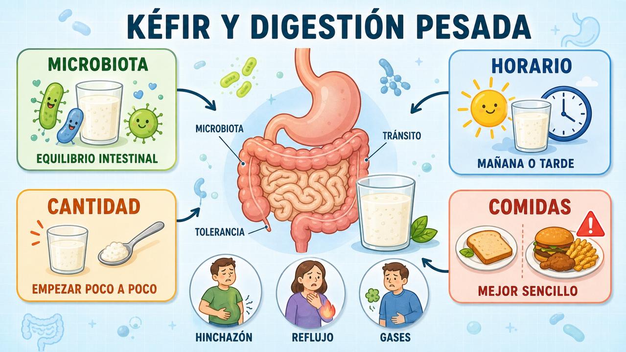 Microbiota, horario, cantidad y comidas suaves orientan mejor la tolerancia al kéfir.