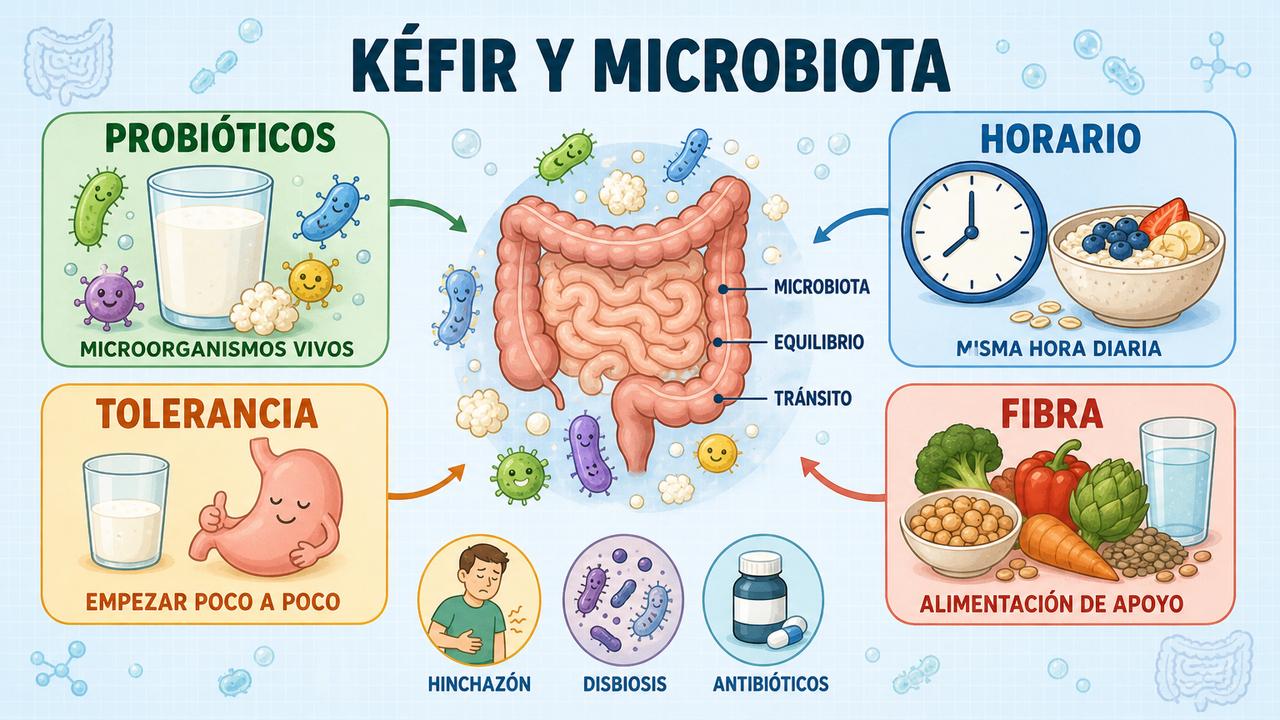 Probióticos, horario, tolerancia y fibra sostienen el efecto digestivo del kéfir.