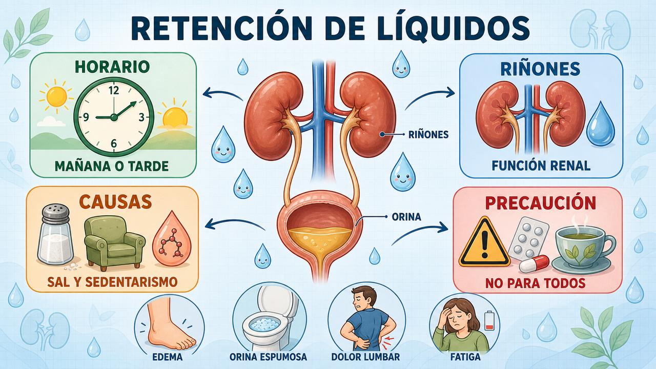 Horario, función renal, causas y precauciones ante la retención de líquidos.
