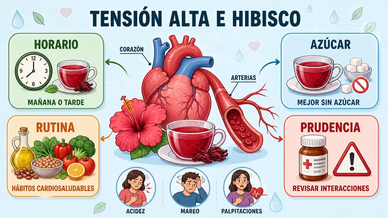 Horario, azúcar, rutina y prudencia resumen el uso del hibisco con tensión alta.