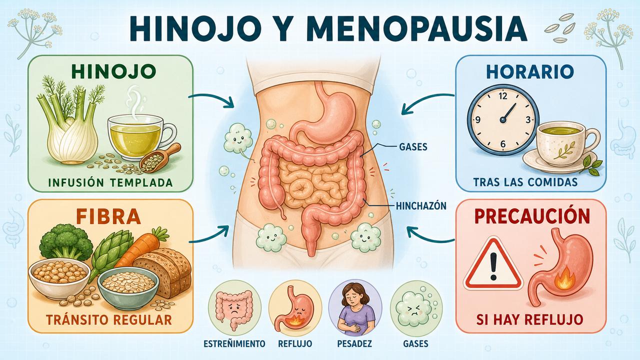 Hinojo, horario, fibra y precaución para controlar gases e hinchazón.