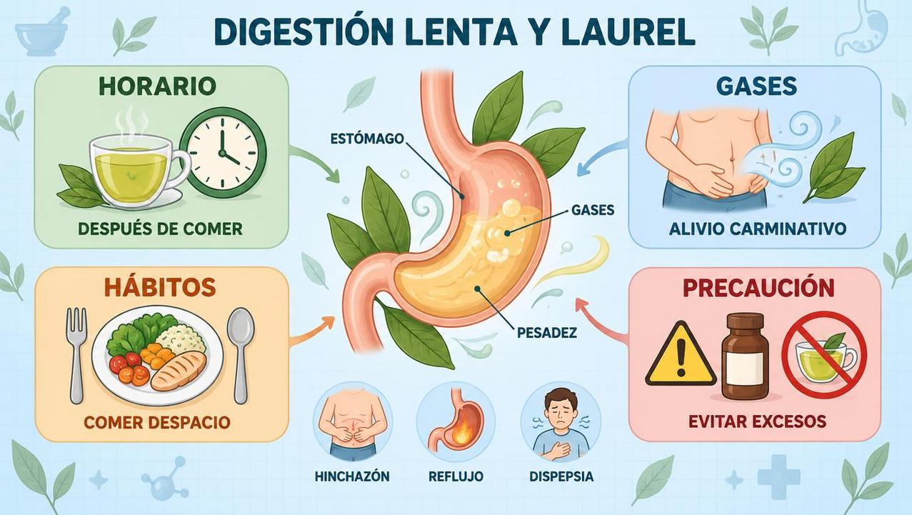 Horario, gases, hábitos y precauciones del laurel para digestiones lentas.