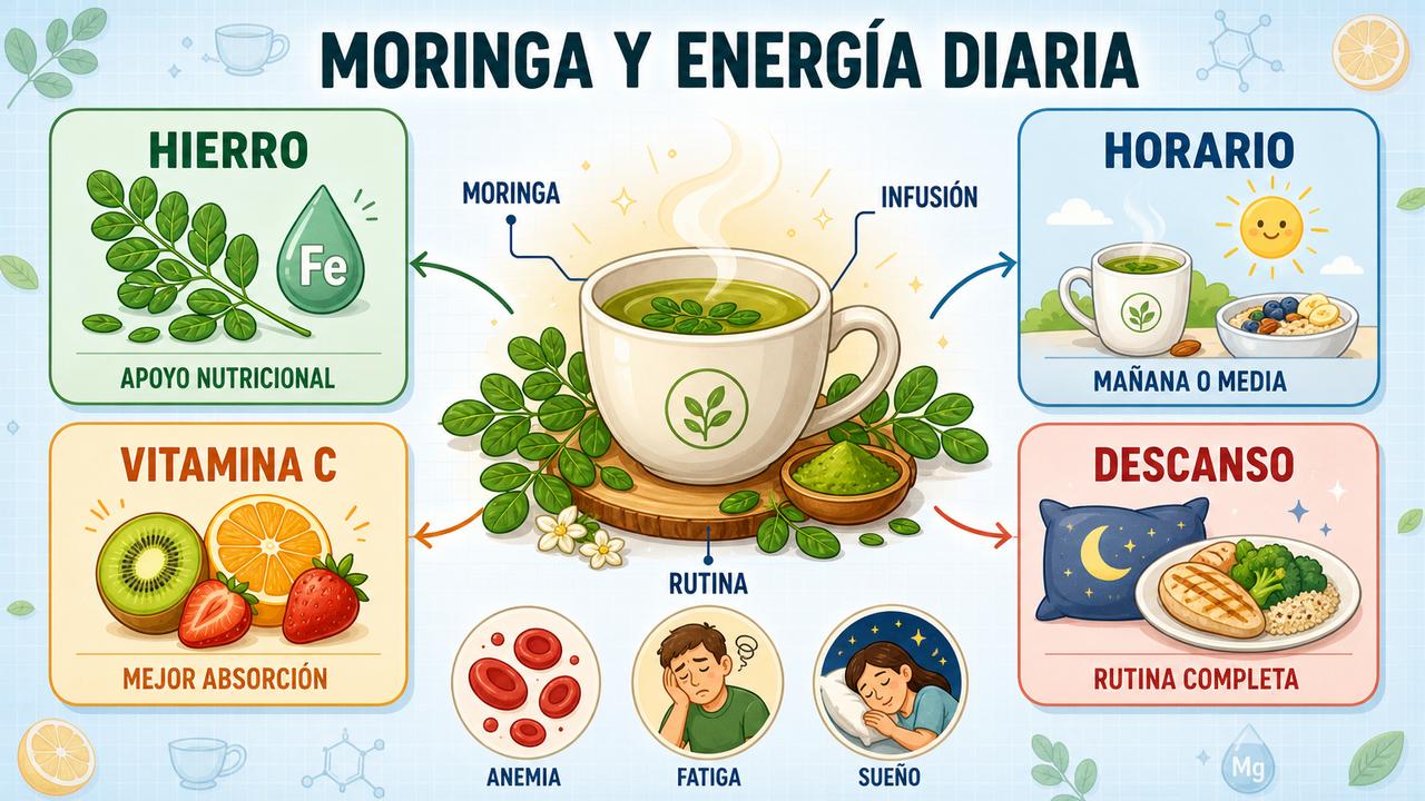 Hierro, horario, vitamina C y descanso para aprovechar mejor la moringa.