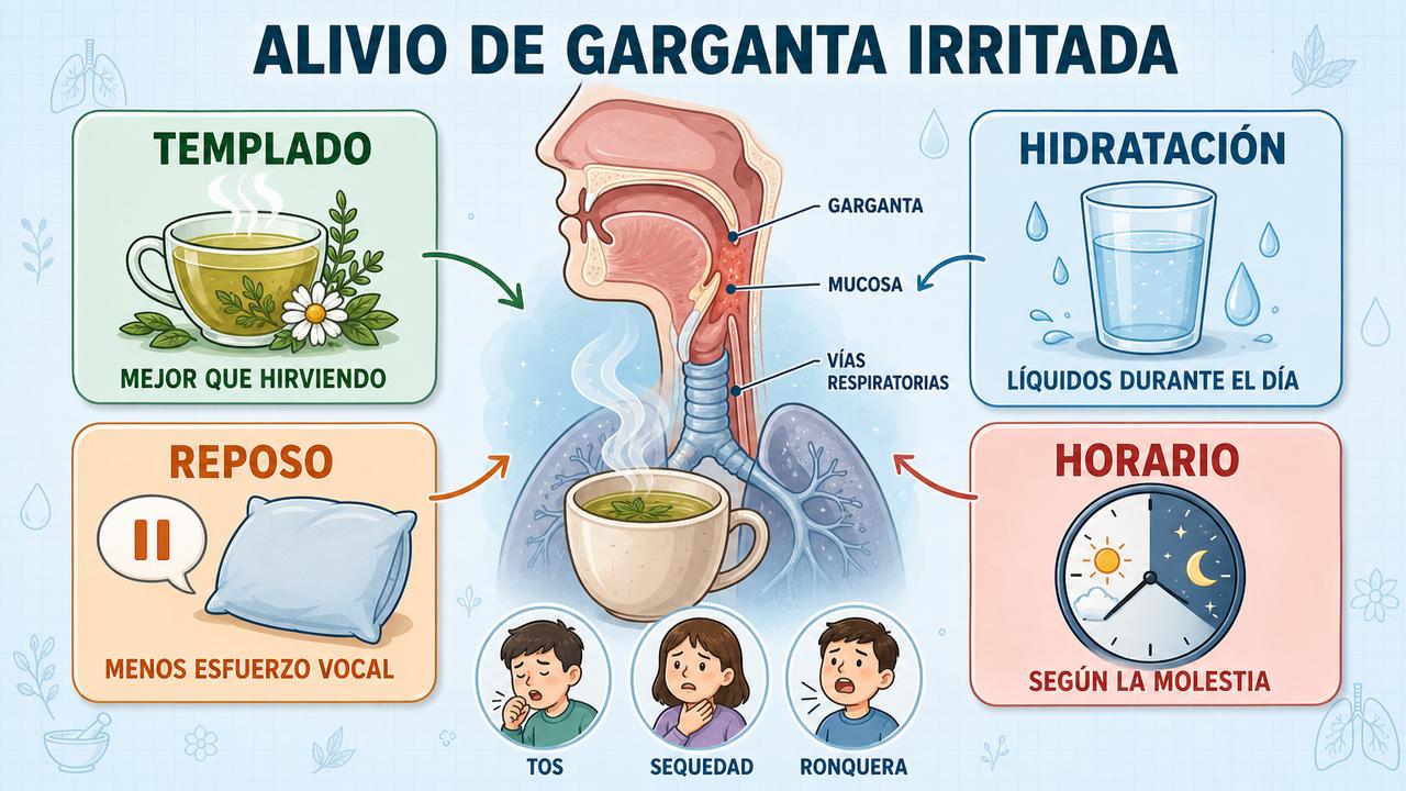 Infografía sobre temperatura, hidratación, reposo vocal y horario para aliviar la garganta.