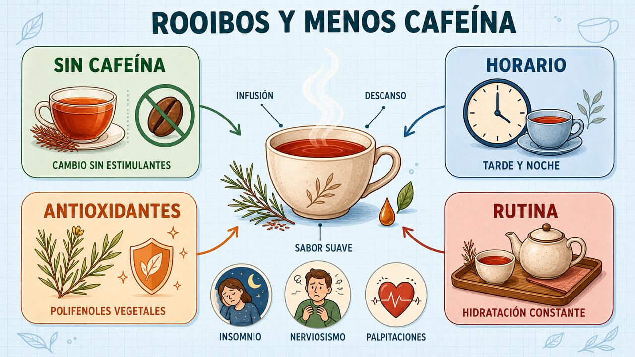 Sin cafeína, horario, antioxidantes y rutina resumen las claves del rooibos.