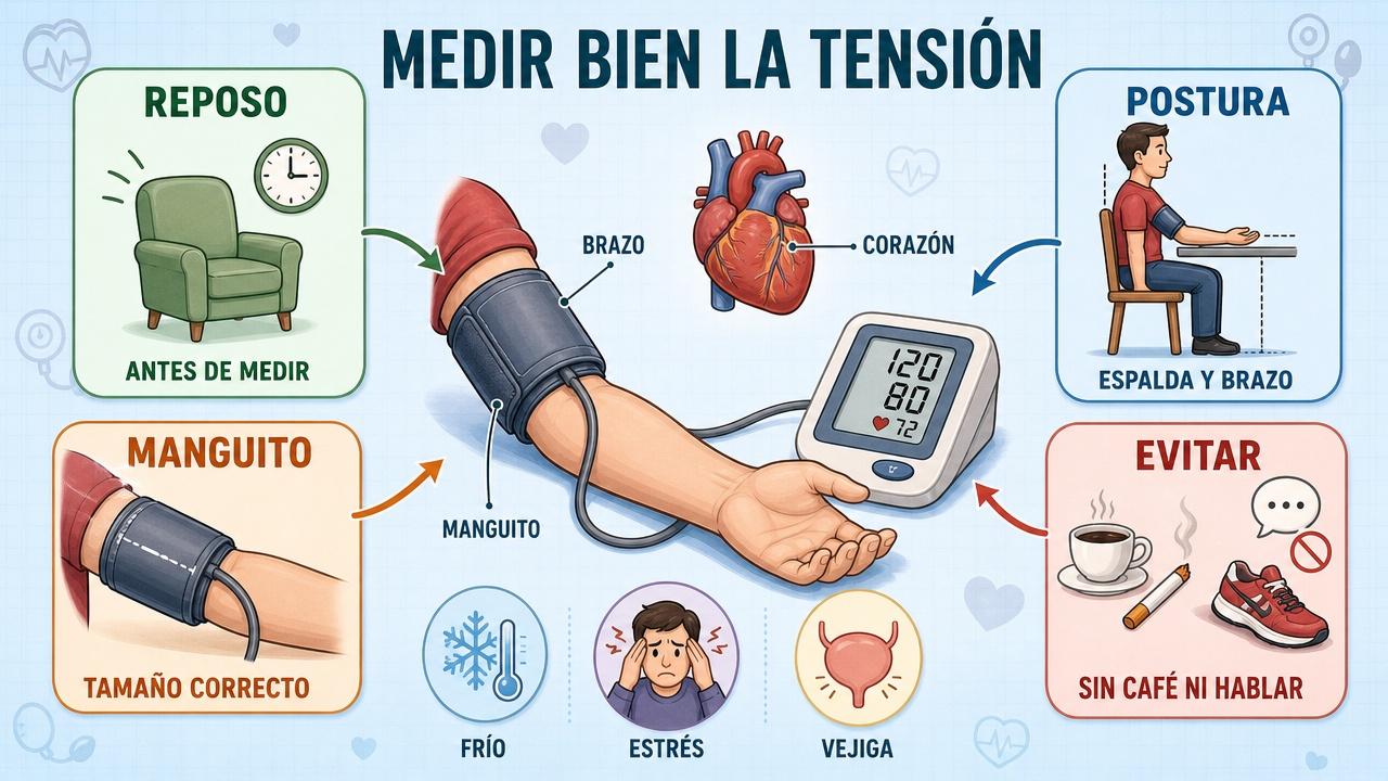 Reposo, postura, manguito y contexto, claves para medir bien la tensión.