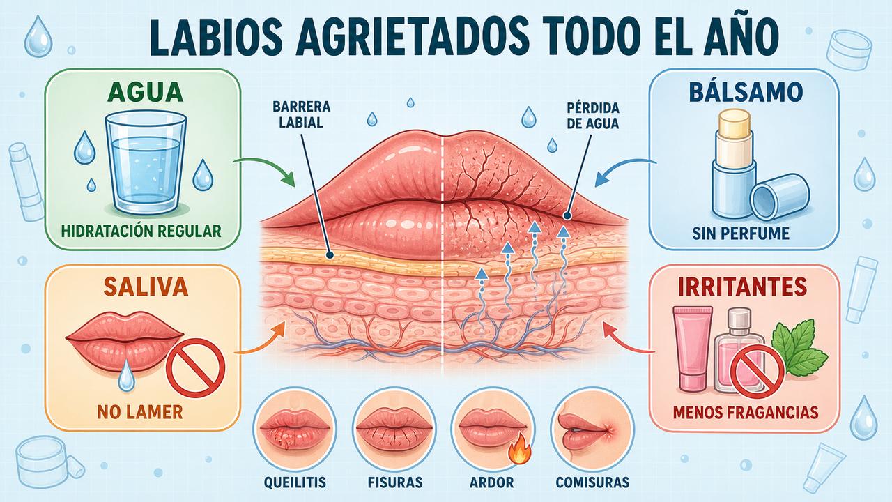 Hidratación, bálsamo, evitar saliva y reducir irritantes protegen la barrera labial.