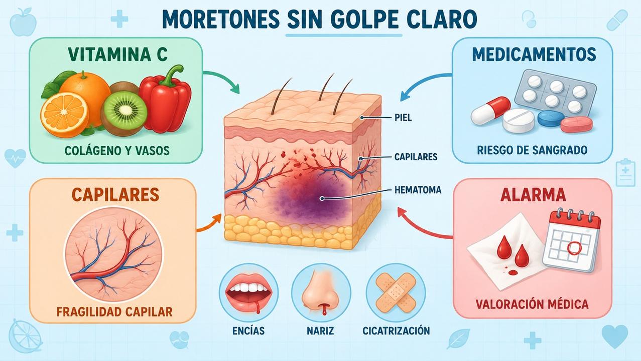 Vitamina C, medicamentos, capilares frágiles y señales de alarma explican los hematomas.