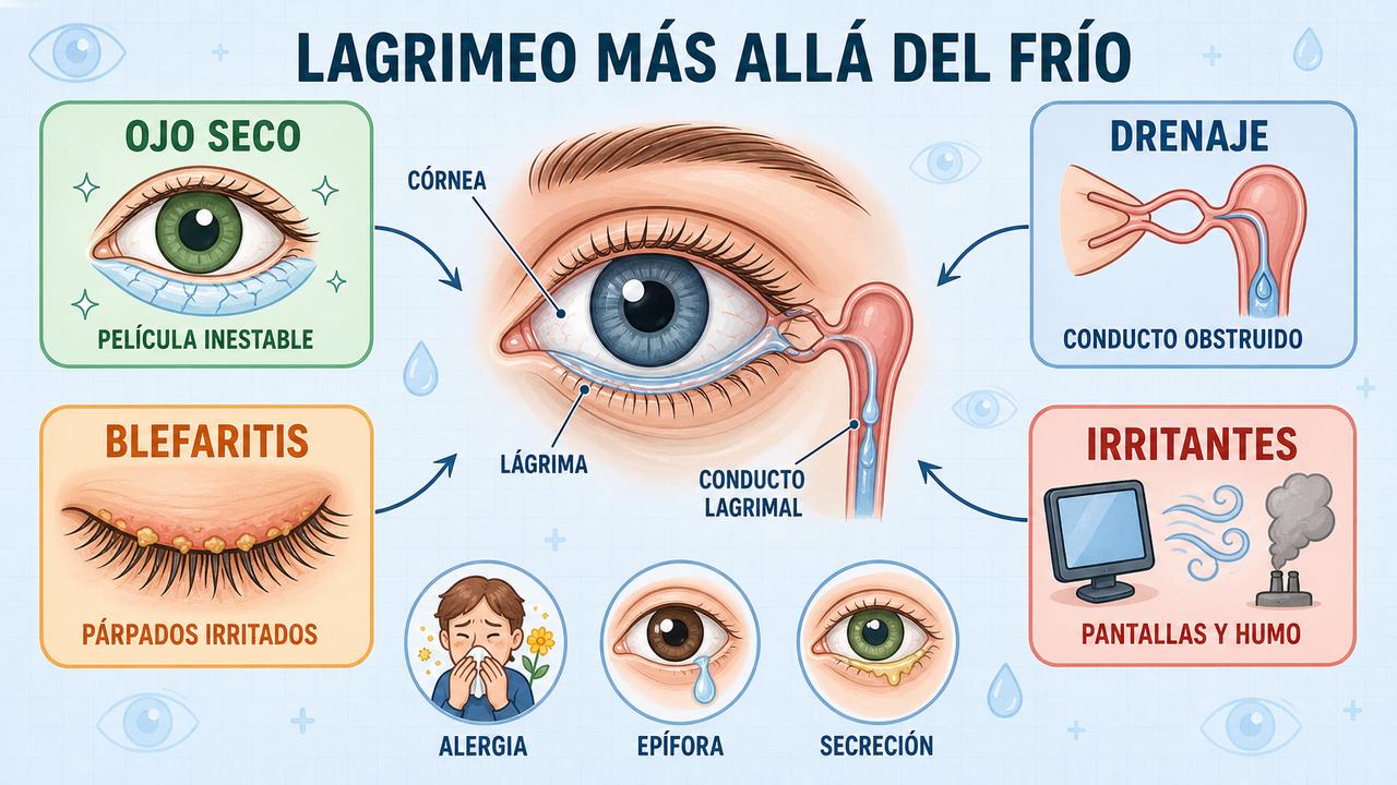 Infografía sobre ojo seco, drenaje, blefaritis e irritantes en ojos llorosos.