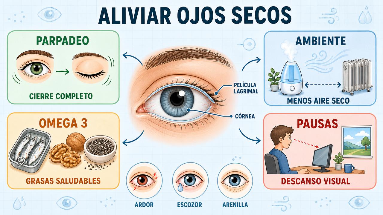 Parpadeo, ambiente, omega 3 y pausas visuales ayudan a aliviarlo.