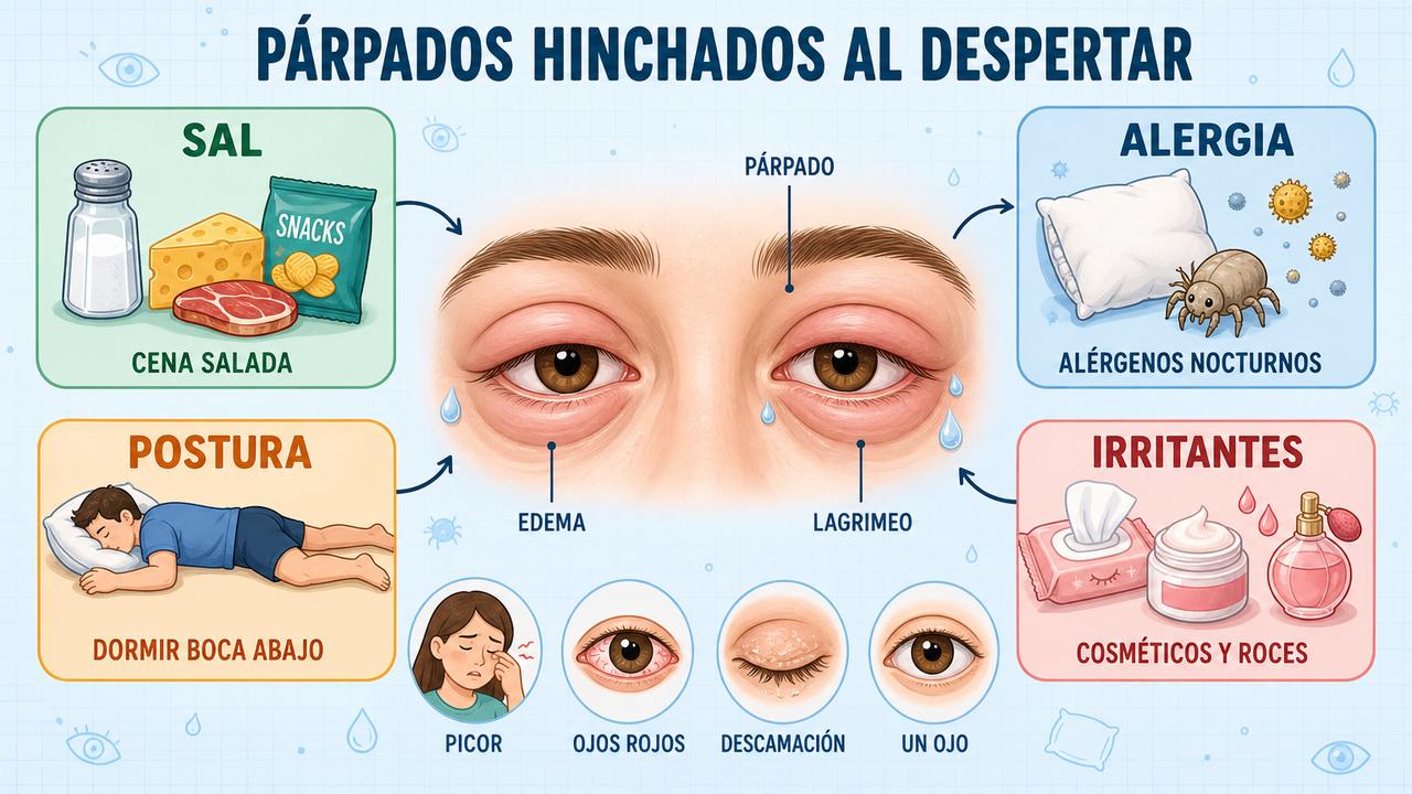 Sal, alergia, postura e irritantes explican muchos párpados hinchados al despertar.