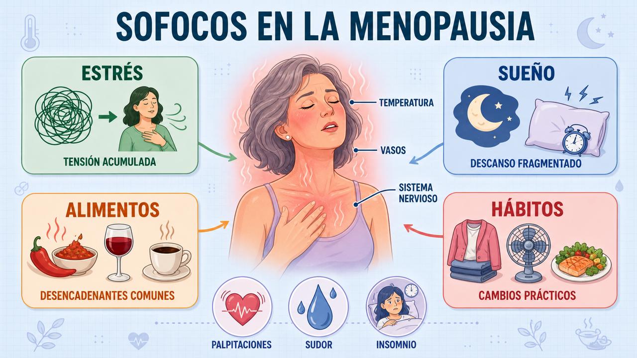 Estrés, sueño, alimentos y hábitos modulan la intensidad de los sofocos.