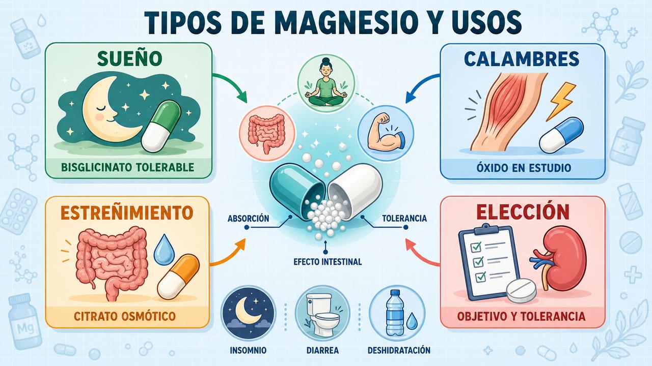 Bisglicinato, óxido, citrato y tolerancia digestiva orientan la elección del magnesio.