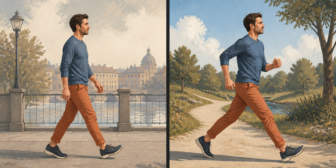 Comparación de un hombre caminando a ritmo normal por un paseo urbano y caminando a paso rápido por un sendero al aire libre.