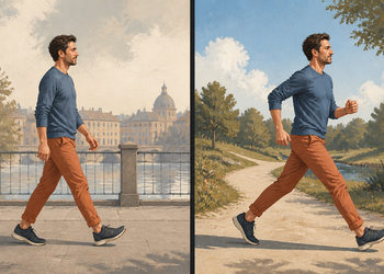 Comparación de un hombre caminando a ritmo normal por un paseo urbano y caminando a paso rápido por un sendero al aire libre.