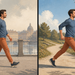 Comparación de un hombre caminando a ritmo normal por un paseo urbano y caminando a paso rápido por un sendero al aire libre.