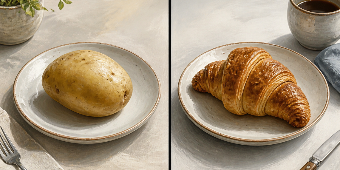 Comparación entre una patata cocida servida en un plato y un croissant colocado en otro plato junto a una taza de café.