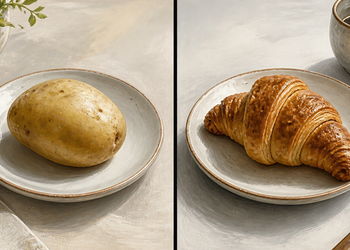 Comparación entre una patata cocida servida en un plato y un croissant colocado en otro plato junto a una taza de café.