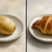 Comparación entre una patata cocida servida en un plato y un croissant colocado en otro plato junto a una taza de café.