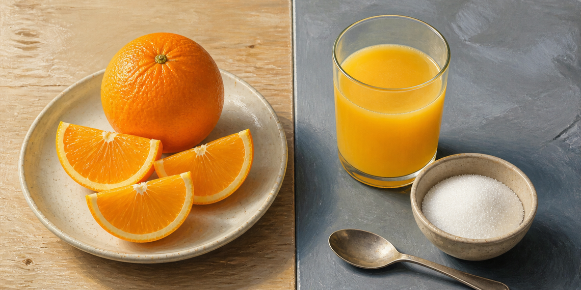 Comparación entre una naranja entera con gajos y un vaso de zumo de naranja junto a un cuenco de azúcar y una cuchara.