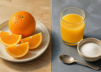 Comparación entre una naranja entera con gajos y un vaso de zumo de naranja junto a un cuenco de azúcar y una cuchara.